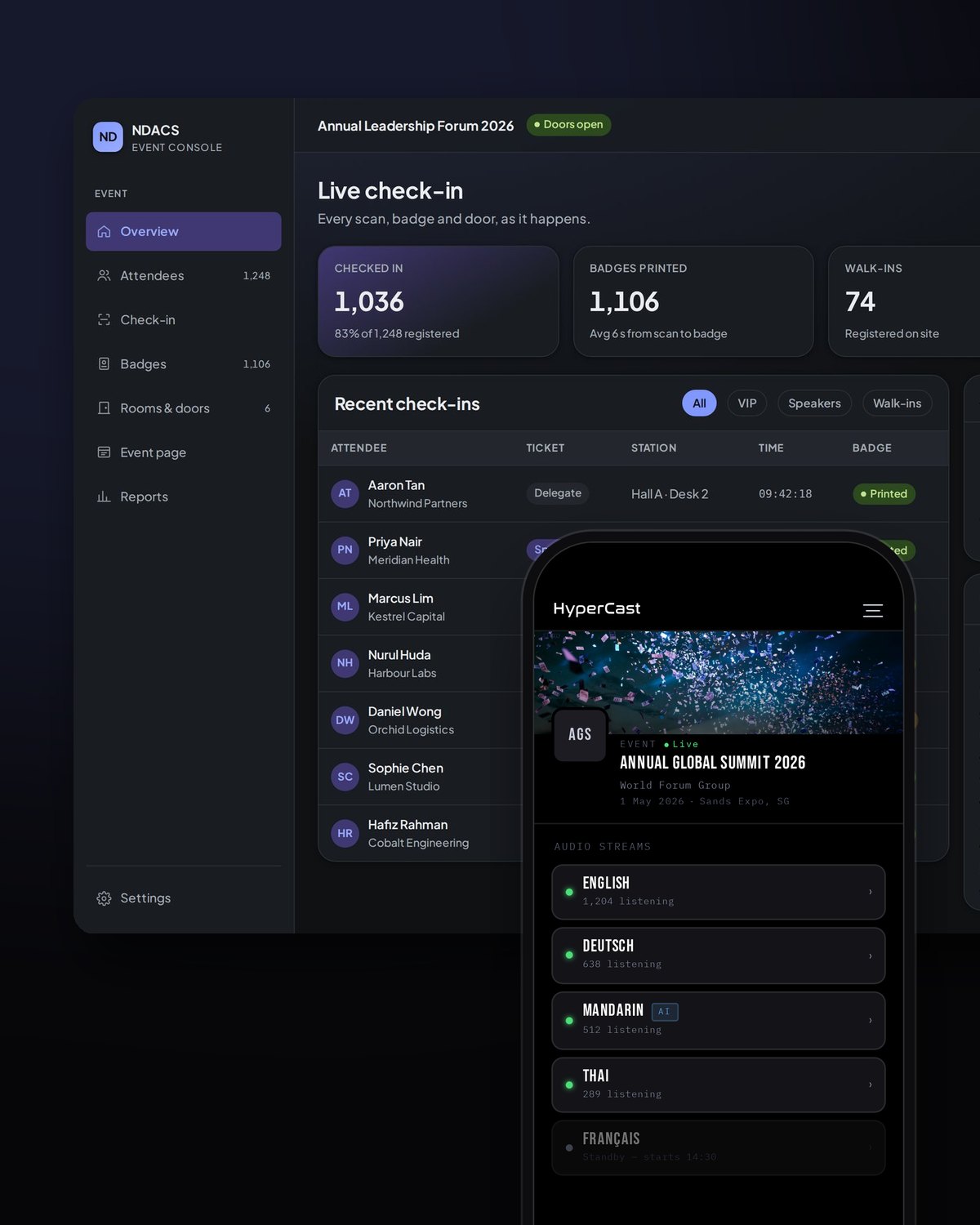 NDACS event console showing live check-ins, with HyperCast live audio streams on a phone in front