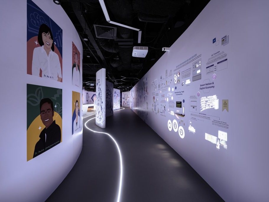 An interactive corridor of projected walls leading visitors through a story