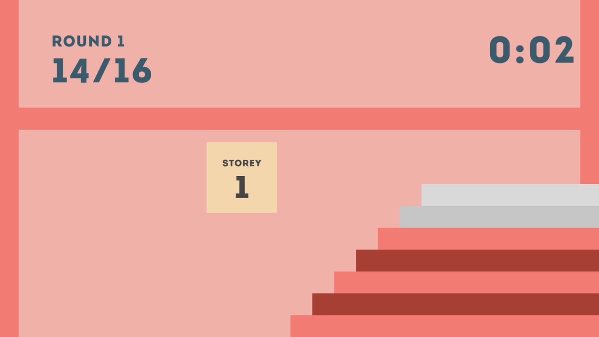 In-game view: climbing the stairs, 14 of 16 steps, two seconds left