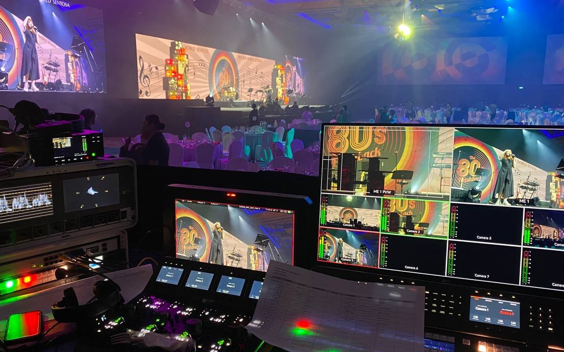Vision mixing a live dinner show, with the stage on the monitors and in the room