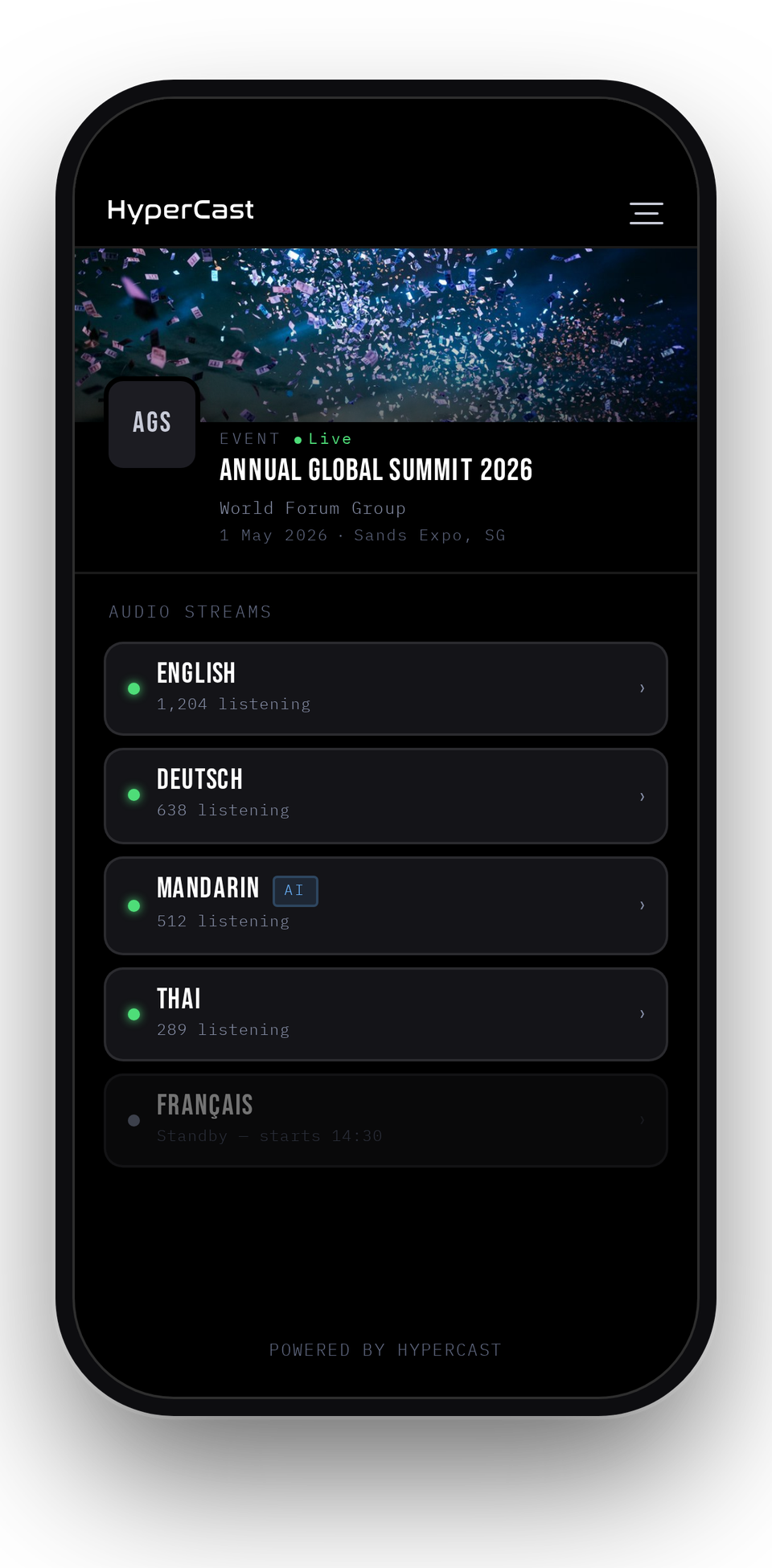 HyperCast on a phone: an event page listing live audio streams in English, Deutsch, Mandarin, Thai and Français