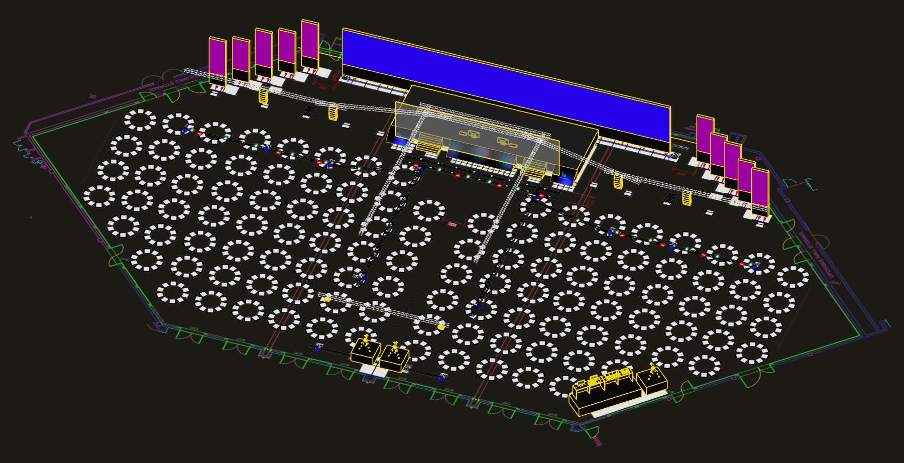 A 3D model of a ballroom set for a gala, with stage, LED wall and round tables
